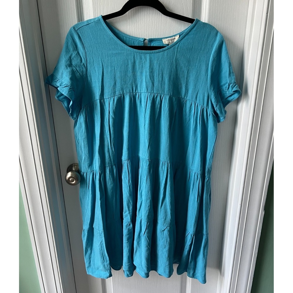 Umgee Womens Dress Tiered Blue Linen Cotton Swing Short Sleeve Size‎ L NEW
